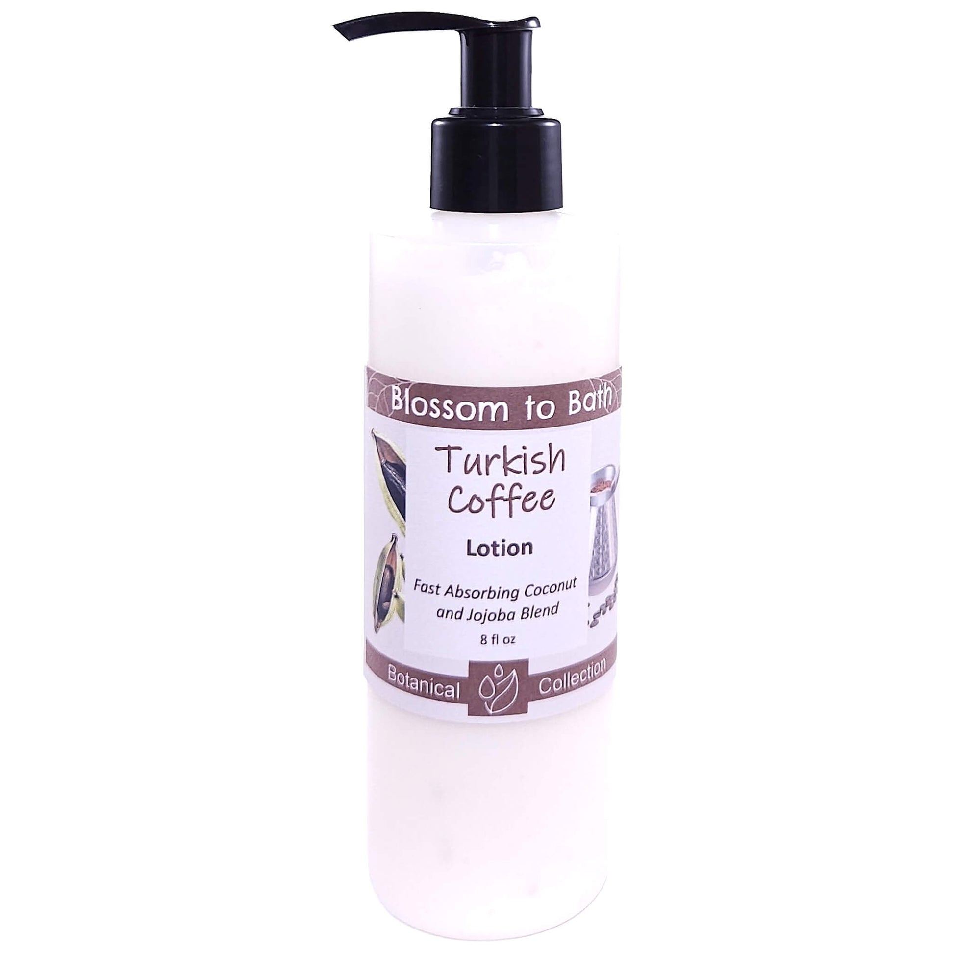 Buy Blossom to Bath Turkish Coffee Lotion from Flowersong Soap Studio.   Daily Use Lotion with a Bold Spiced Scent that Soaks in Quickly to Soften and Smooth Skin .  A bold, sweet coffee scent enriched with brown sugar and cardamom spice.