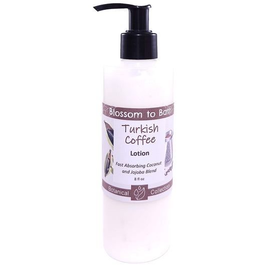 Buy Blossom to Bath Turkish Coffee Lotion from Flowersong Soap Studio.   Daily Use Lotion with a Bold Spiced Scent that Soaks in Quickly to Soften and Smooth Skin .  A bold, sweet coffee scent enriched with brown sugar and cardamom spice.