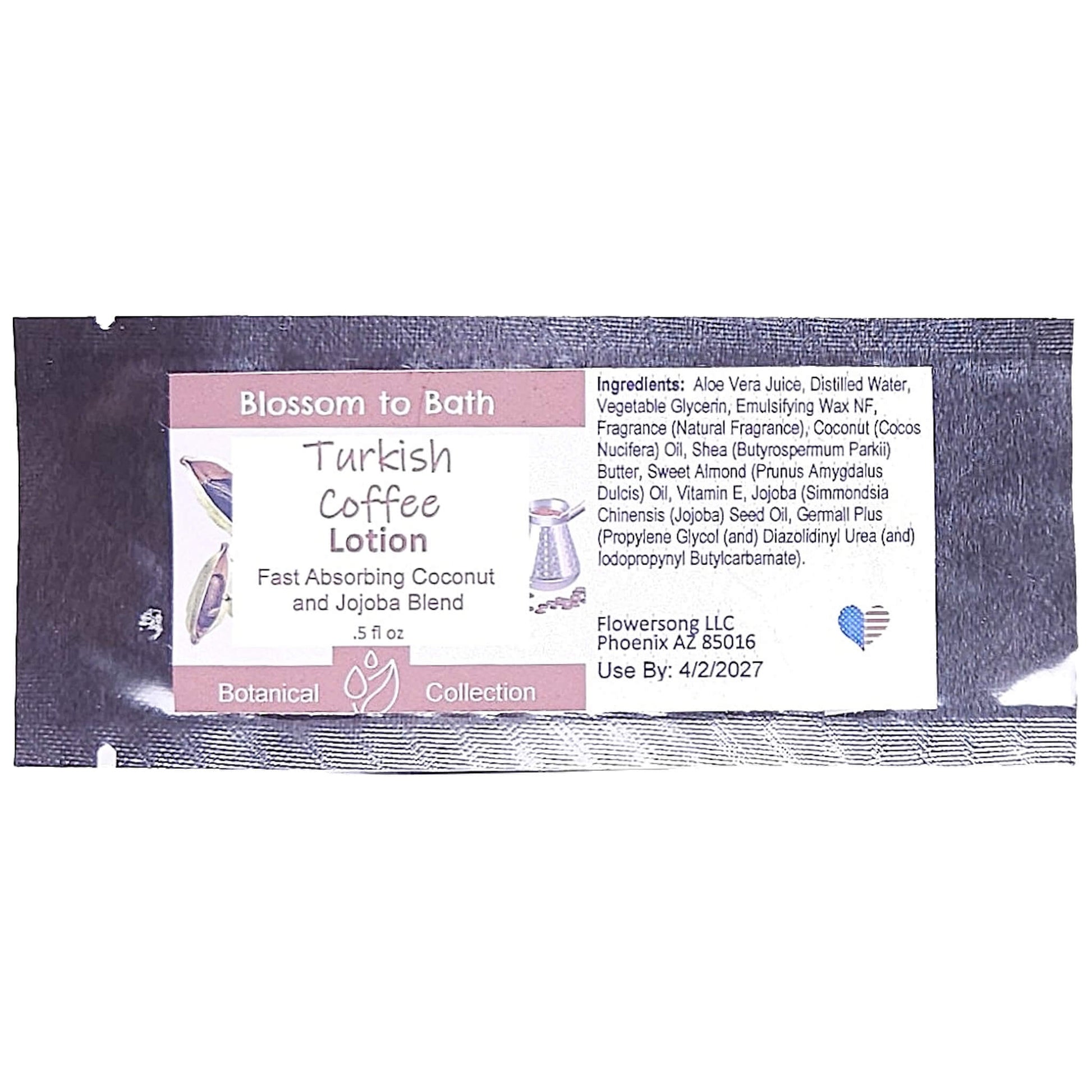 Buy Blossom to Bath Turkish Coffee Lotion from Flowersong Soap Studio.   Daily Use Lotion with a Bold Spiced Scent that Soaks in Quickly to Soften and Smooth Skin .  A bold, sweet coffee scent enriched with brown sugar and cardamom spice.
