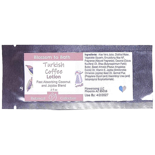 Buy Blossom to Bath Turkish Coffee Lotion from Flowersong Soap Studio.   Daily Use Lotion with a Bold Spiced Scent that Soaks in Quickly to Soften and Smooth Skin .  A bold, sweet coffee scent enriched with brown sugar and cardamom spice.