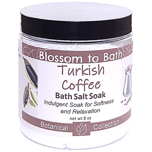 Buy Blossom to Bath Turkish Coffee Bath Salt Soak from Flowersong Soap Studio.   Pure Epsom Salts for a Versatile and Luxurious Bold Spiced Scented Soaking Experience .  A bold, sweet coffee scent enriched with brown sugar and cardamom spice.