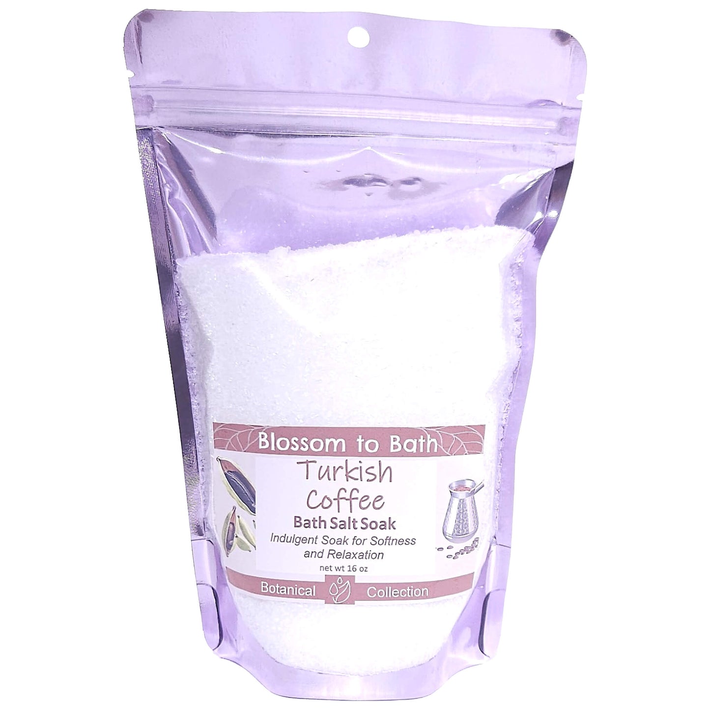 Buy Blossom to Bath Turkish Coffee Bath Salt Soak from Flowersong Soap Studio.   Pure Epsom Salts for a Versatile and Luxurious Bold Spiced Scented Soaking Experience .  A bold, sweet coffee scent enriched with brown sugar and cardamom spice.