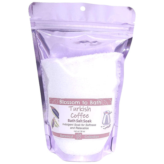 Buy Blossom to Bath Turkish Coffee Bath Salt Soak from Flowersong Soap Studio.   Pure Epsom Salts for a Versatile and Luxurious Bold Spiced Scented Soaking Experience .  A bold, sweet coffee scent enriched with brown sugar and cardamom spice.