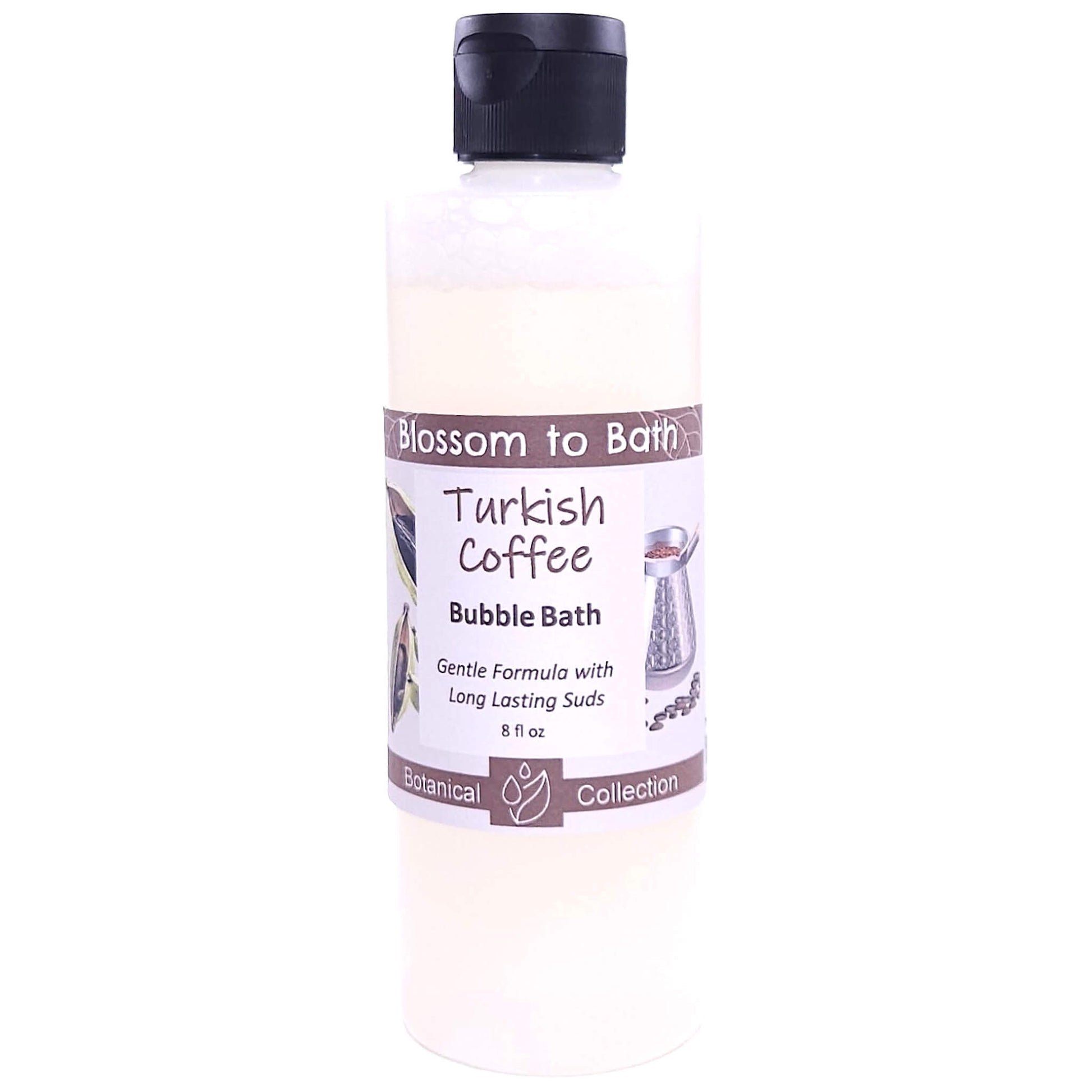 Buy Blossom to Bath Turkish Coffee Bubble Bath from Flowersong Soap Studio.   Lively, Long Lasting Bubbles in a Gentle Bold Spiced Scented Formula for Maximum Relaxation Time .  A bold, sweet coffee scent enriched with brown sugar and cardamom spice.