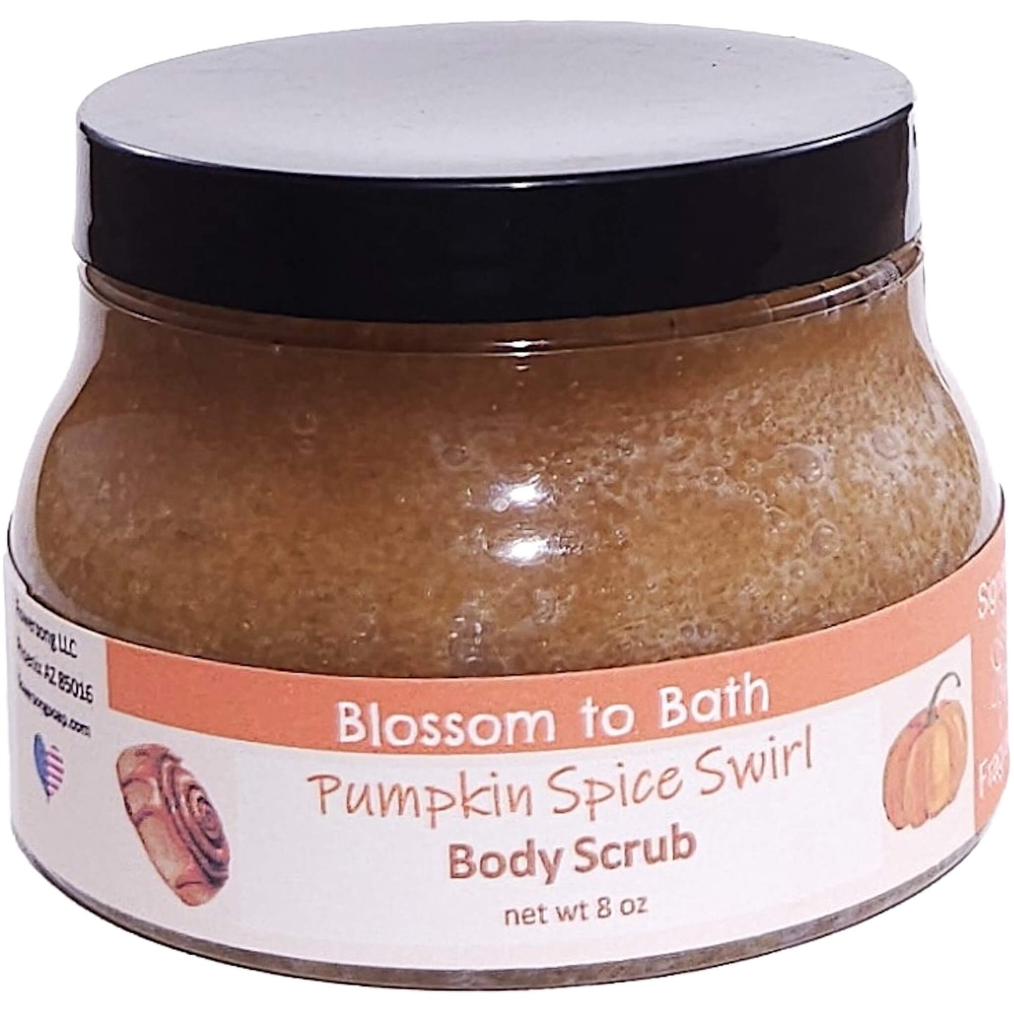 Buy Blossom to Bath Pumpkin Spice Swirl Body Scrub from Flowersong Soap Studio.   Large Crystal Turbinado Sugar Scrub with Sweet Cinnamon Pumpkin Scented Emollient Oils - Exfoliate and Moisturize in One Step .  An indulgent blend of spiced pumpkin, clove, and maple buttercream. Warm, syrupy, and sweet like the gooey center of a cinnamon roll—without being pie-like.