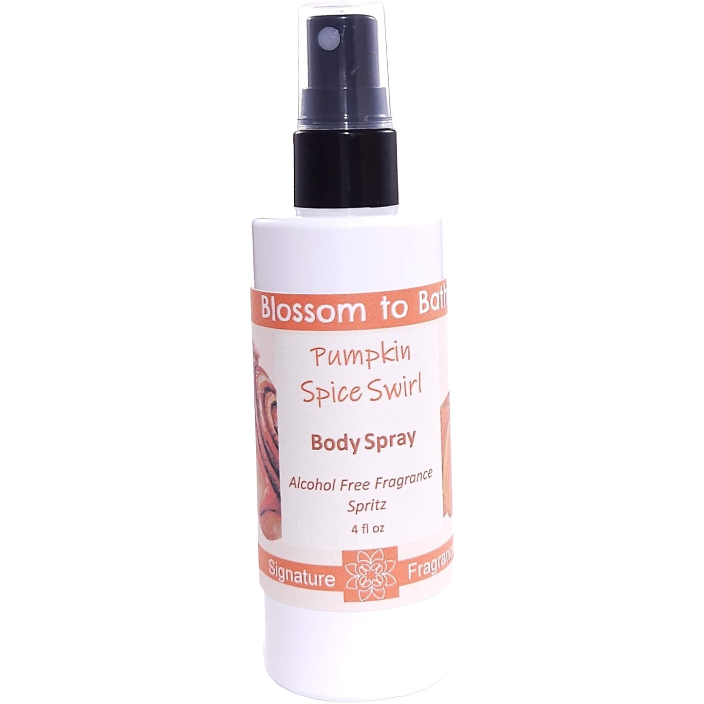 Buy Blossom to Bath Pumpkin Spice Swirl Body Spray from Flowersong Soap Studio.   Alcohol Free Body Spray for Sweet Cinnamon Pumpkin Scented Freshening of Skin, Linens, or Air .  An indulgent blend of spiced pumpkin, clove, and maple buttercream. Warm, syrupy, and sweet like the gooey center of a cinnamon roll—without being pie-like.