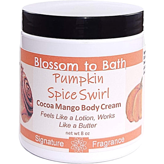 Buy Blossom to Bath Pumpkin Spice Swirl Cocoa Mango Body Cream from Flowersong Soap Studio.   Rich Body Cream with Sweet Cinnamon Pumpkin Scented Butters Softens Even the Roughest Skin All Day .  An indulgent blend of spiced pumpkin, clove, and maple buttercream. Warm, syrupy, and sweet like the gooey center of a cinnamon roll—without being pie-like.
