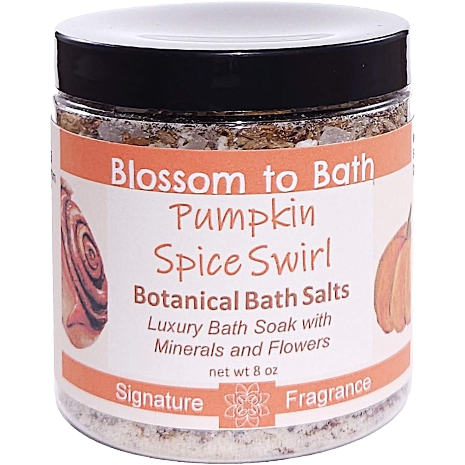 Buy Blossom to Bath Pumpkin Spice Swirl Botanical Bath Salts from Flowersong Soap Studio.   A Hand Selected Variety of Skin Loving Botanicals for a Luxurious Sweet Cinnamon Pumpkin Scented Soaking Experience .  An indulgent blend of spiced pumpkin, clove, and maple buttercream. Warm, syrupy, and sweet like the gooey center of a cinnamon roll—without being pie-like.