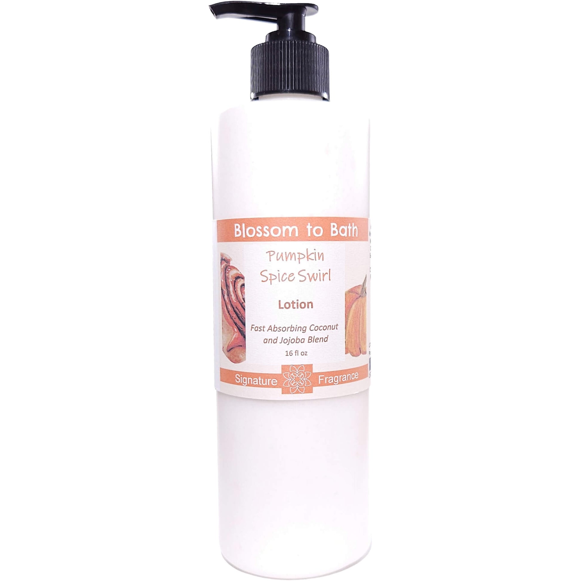 Buy Blossom to Bath Pumpkin Spice Swirl Lotion from Flowersong Soap Studio.   Daily Use Lotion with a Sweet Cinnamon Pumpkin Scent that Soaks in Quickly to Soften and Smooth Skin .  An indulgent blend of spiced pumpkin, clove, and maple buttercream. Warm, syrupy, and sweet like the gooey center of a cinnamon roll—without being pie-like.