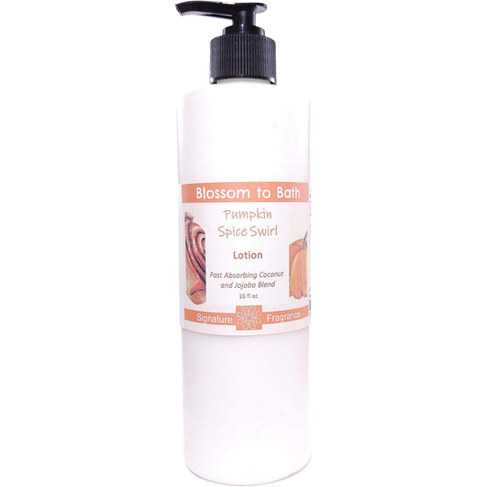 Buy Blossom to Bath Pumpkin Spice Swirl Lotion from Flowersong Soap Studio.   Daily Use Lotion with a Sweet Cinnamon Pumpkin Scent that Soaks in Quickly to Soften and Smooth Skin .  An indulgent blend of spiced pumpkin, clove, and maple buttercream. Warm, syrupy, and sweet like the gooey center of a cinnamon roll—without being pie-like.