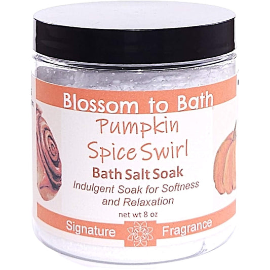Buy Blossom to Bath Pumpkin Spice Swirl Bath Salt Soak from Flowersong Soap Studio.   Pure Epsom Salts for a Versatile and Luxurious Sweet Cinnamon Pumpkin Scented Soaking Experience .  An indulgent blend of spiced pumpkin, clove, and maple buttercream. Warm, syrupy, and sweet like the gooey center of a cinnamon roll—without being pie-like.