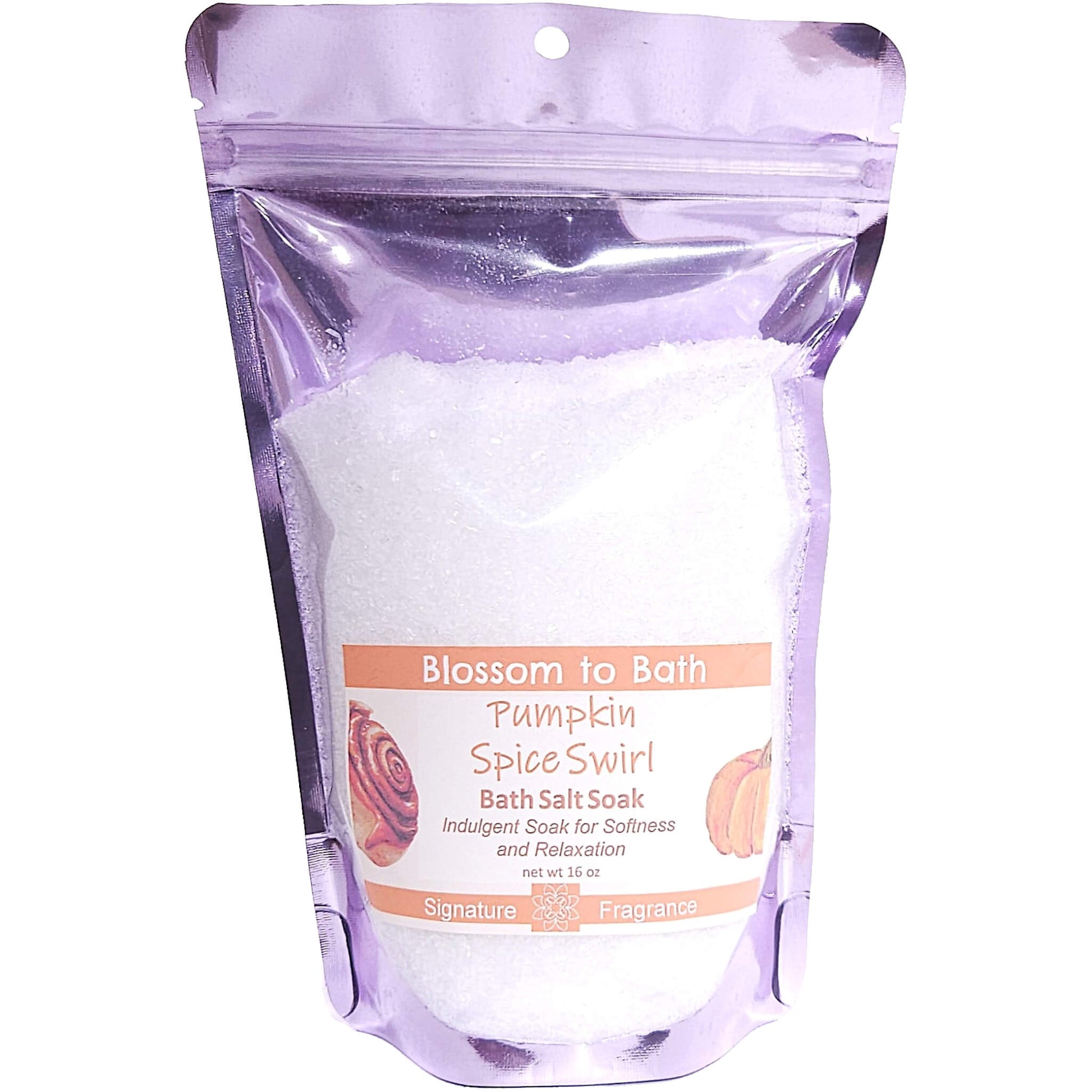 Buy Blossom to Bath Pumpkin Spice Swirl Bath Salt Soak from Flowersong Soap Studio.   Pure Epsom Salts for a Versatile and Luxurious Sweet Cinnamon Pumpkin Scented Soaking Experience .  An indulgent blend of spiced pumpkin, clove, and maple buttercream. Warm, syrupy, and sweet like the gooey center of a cinnamon roll—without being pie-like.