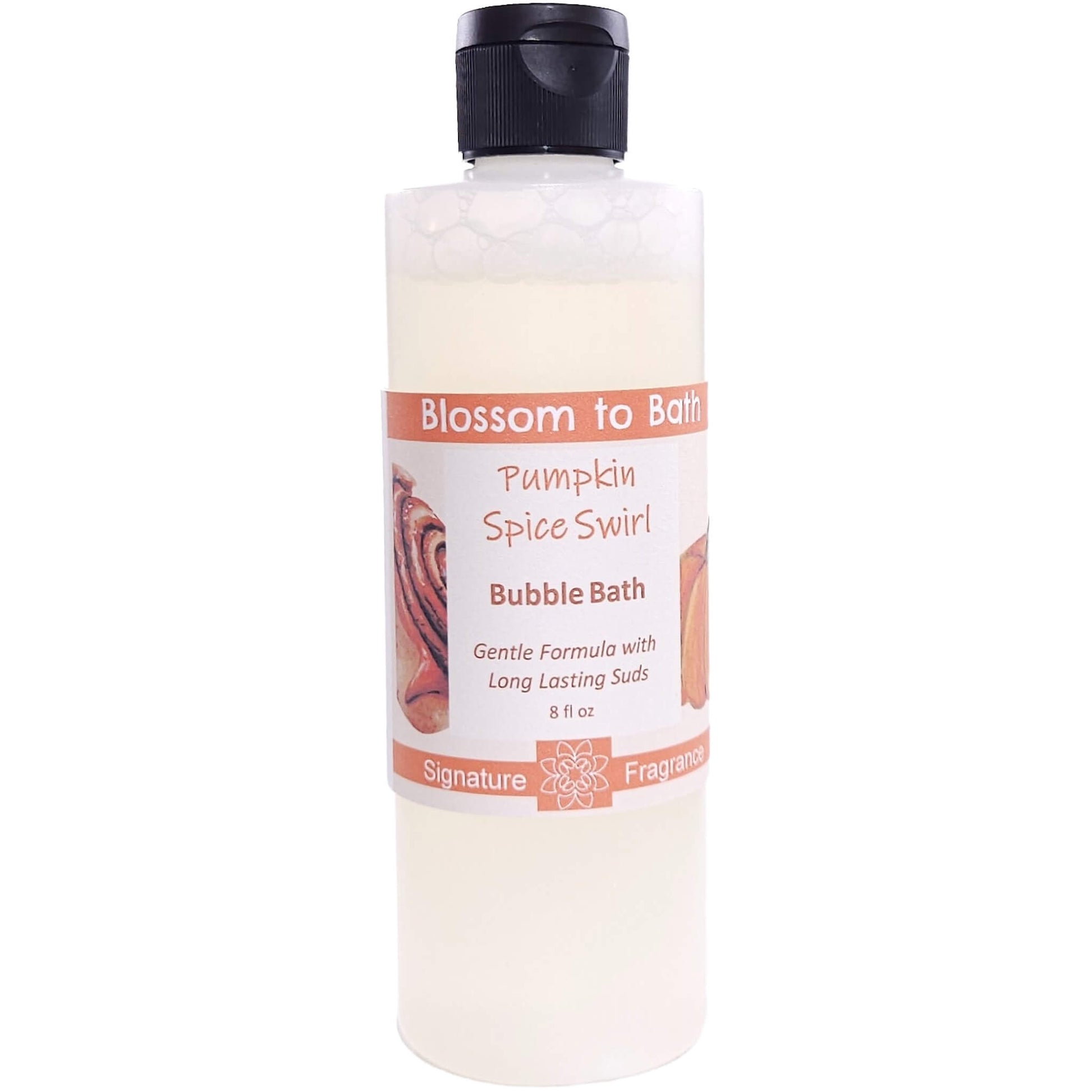 Buy Blossom to Bath Pumpkin Spice Swirl Bubble Bath from Flowersong Soap Studio.   Lively, Long Lasting Bubbles in a Gentle Sweet Cinnamon Pumpkin Scented Formula for Maximum Relaxation Time .  An indulgent blend of spiced pumpkin, clove, and maple buttercream. Warm, syrupy, and sweet like the gooey center of a cinnamon roll—without being pie-like.