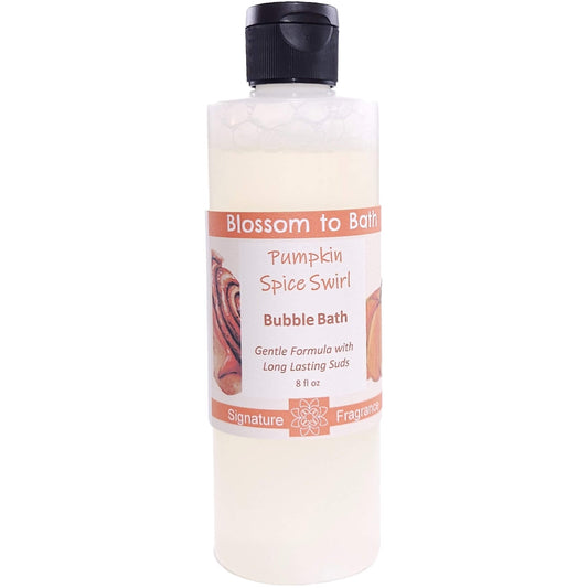 Buy Blossom to Bath Pumpkin Spice Swirl Bubble Bath from Flowersong Soap Studio.   Lively, Long Lasting Bubbles in a Gentle Sweet Cinnamon Pumpkin Scented Formula for Maximum Relaxation Time .  An indulgent blend of spiced pumpkin, clove, and maple buttercream. Warm, syrupy, and sweet like the gooey center of a cinnamon roll—without being pie-like.
