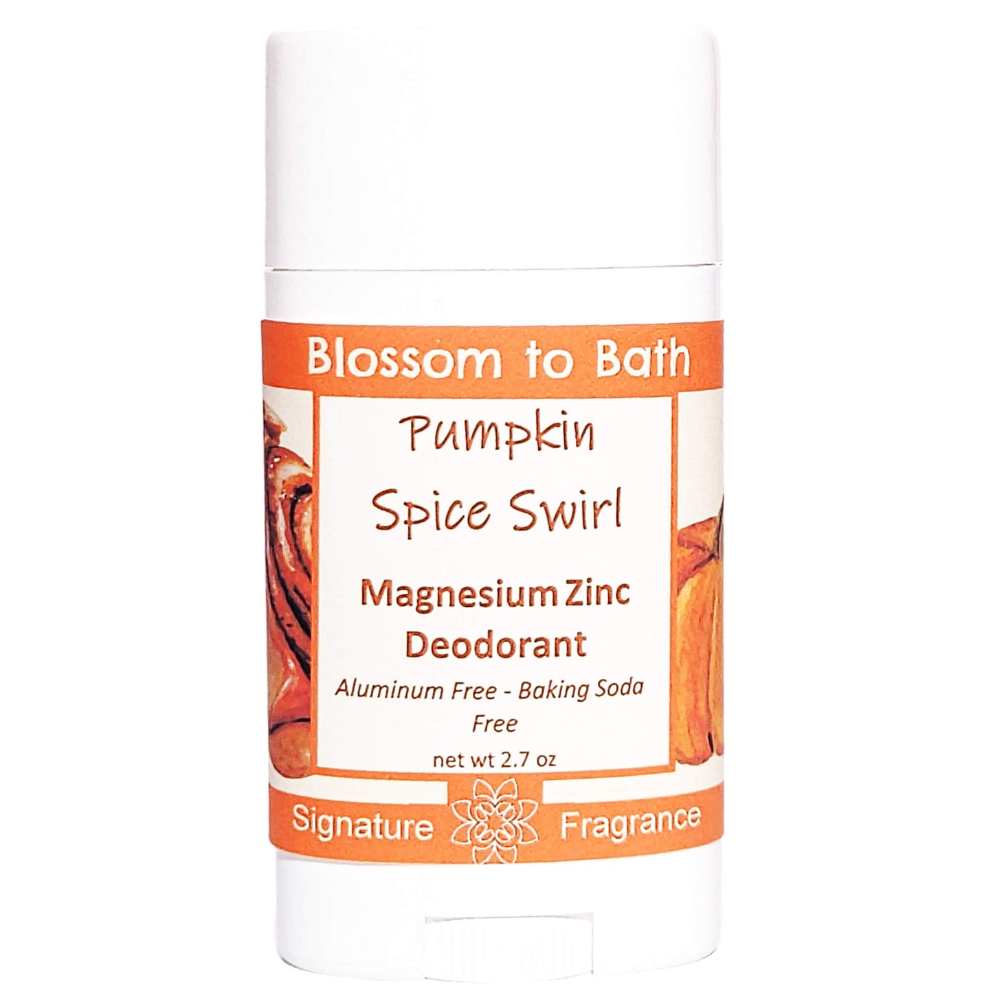 Buy Blossom to Bath Pumpkin Spice Swirl Magnesium Zinc Deodorant from Flowersong Soap Studio.   Natural Deodorant Protection with a Long Lasting Pumpkin Spice Scent Made from Pure Botanicals and Butters .  An indulgent blend of spiced pumpkin, clove, and maple buttercream. Warm, syrupy, and sweet like the gooey center of a cinnamon roll—without being pie-like.