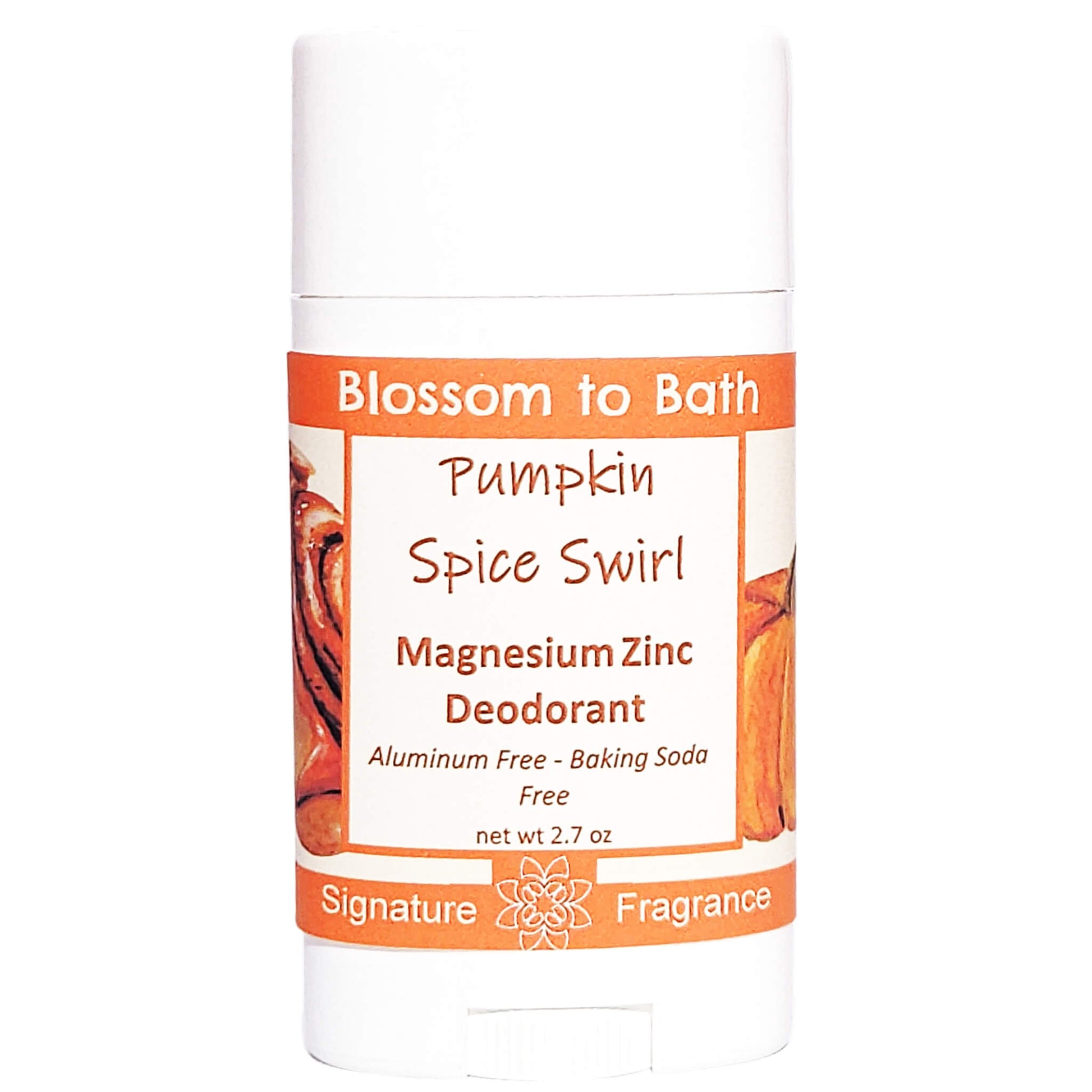 Buy Blossom to Bath Pumpkin Spice Swirl Magnesium Zinc Deodorant from Flowersong Soap Studio.   Natural Deodorant Protection with a Long Lasting Pumpkin Spice Scent Made from Pure Botanicals and Butters .  An indulgent blend of spiced pumpkin, clove, and maple buttercream. Warm, syrupy, and sweet like the gooey center of a cinnamon roll—without being pie-like.