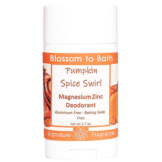 Buy Blossom to Bath Pumpkin Spice Swirl Magnesium Zinc Deodorant from Flowersong Soap Studio.   Natural Deodorant Protection with a Long Lasting Pumpkin Spice Scent Made from Pure Botanicals and Butters .  An indulgent blend of spiced pumpkin, clove, and maple buttercream. Warm, syrupy, and sweet like the gooey center of a cinnamon roll—without being pie-like.