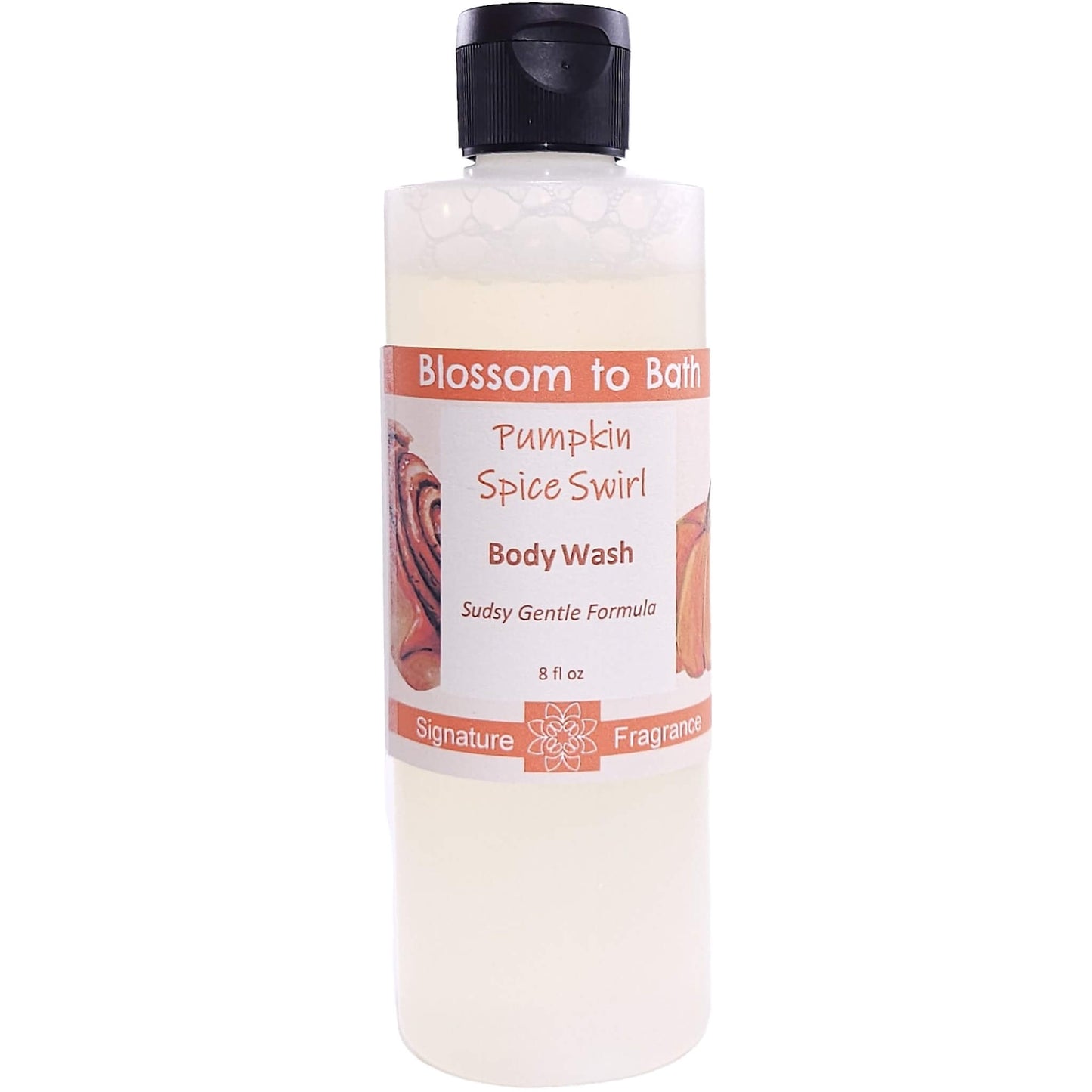 Buy Blossom to Bath Pumpkin Spice Swirl Body Wash from Flowersong Soap Studio.   Gentle Body Wash for Refreshed and Silky Skin with a Super Sudsy Sweet Cinnamon Pumpkin Scent .  An indulgent blend of spiced pumpkin, clove, and maple buttercream. Warm, syrupy, and sweet like the gooey center of a cinnamon roll—without being pie-like.