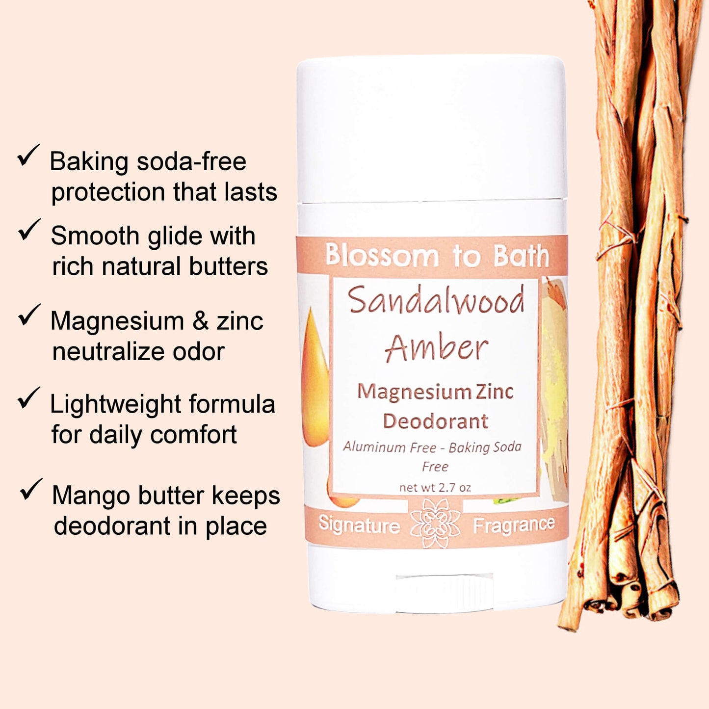 Sandalwood Amber Magnesium Zinc Deodorant (3 Pack) - Phthalate Free Fragrance