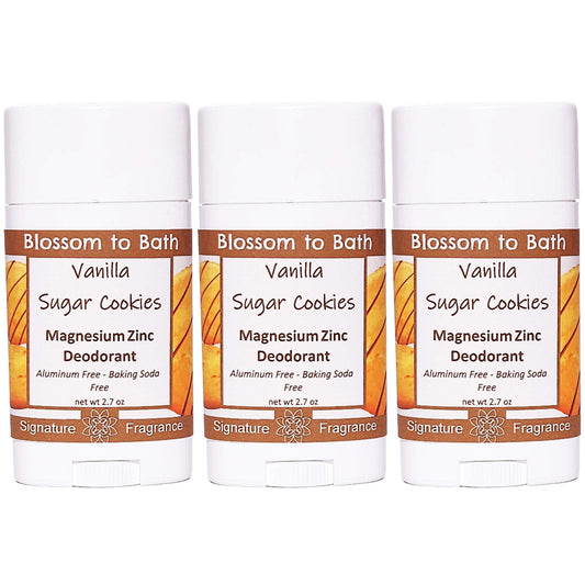 Buy Blossom to Bath Vanilla Sugar Cookies Magnesium Zinc Deodorant from Flowersong Soap Studio.   Natural Deodorant Protection with a Long Lasting Rich Vanilla Scent Made from Pure Botanicals and Butters .  Captures the irresistible aroma of freshly baked cookies, rich with buttercream frosting and sweet vanilla.