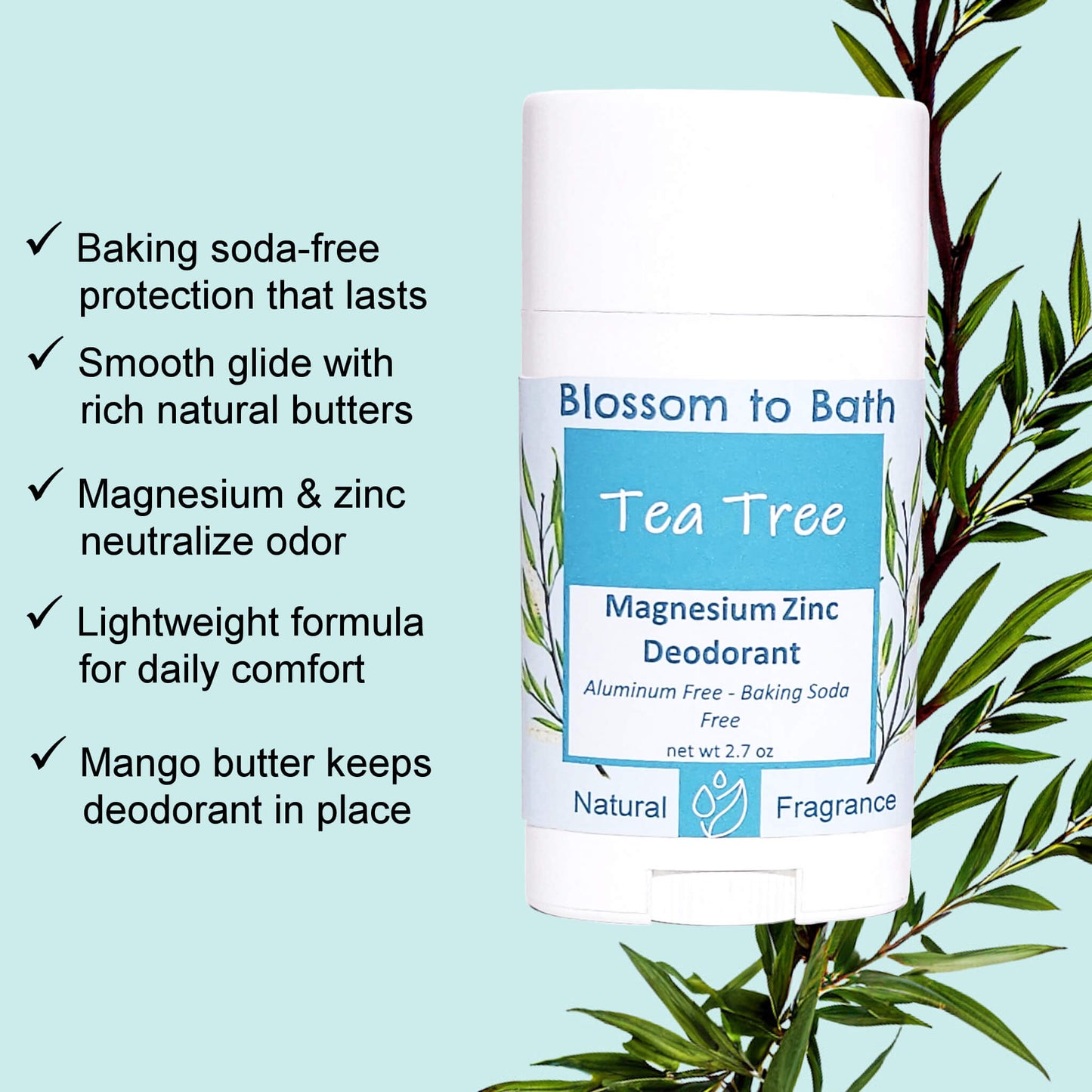 Tea Tree Magnesium Zinc Deodorant (2 Pack) - Pure Essential Oil Fragrance