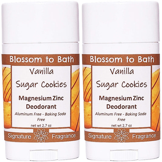 Buy Blossom to Bath Vanilla Sugar Cookies Magnesium Zinc Deodorant from Flowersong Soap Studio.   Natural Deodorant Protection with a Long Lasting Rich Vanilla Scent Made from Pure Botanicals and Butters .  Captures the irresistible aroma of freshly baked cookies, rich with buttercream frosting and sweet vanilla.