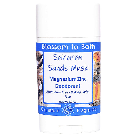 Buy Blossom to Bath Saharan Sands Musk Magnesium Zinc Deodorant from Flowersong Soap Studio.   Natural Deodorant Protection with a Long Lasting Exotic Wood Scent Made from Pure Botanicals and Butters .  A deep, exotic musk fragrance with warm woods, sensual depth, and a rich lingering finish.