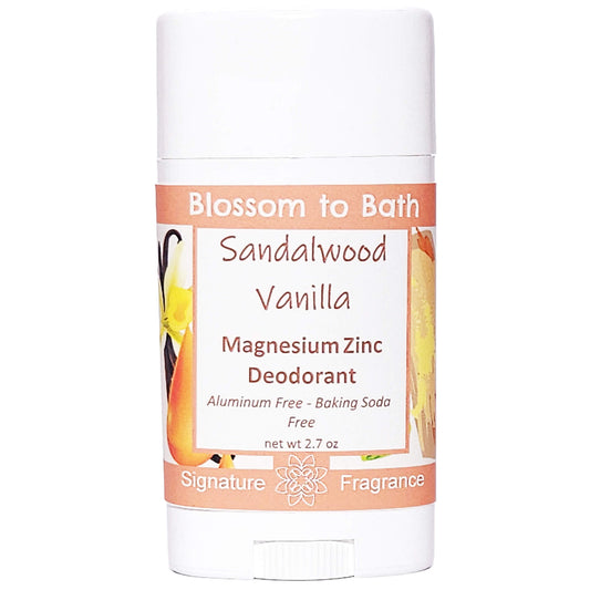 Buy Blossom to Bath Sandalwood Vanilla Magnesium Zinc Deodorant from Flowersong Soap Studio.   Natural Deodorant Protection with a Long Lasting Creamy Sandalwood Scent Made from Pure Botanicals and Butters .  A smooth blend of creamy sandalwood and soft vanilla with a warm, balanced finish.