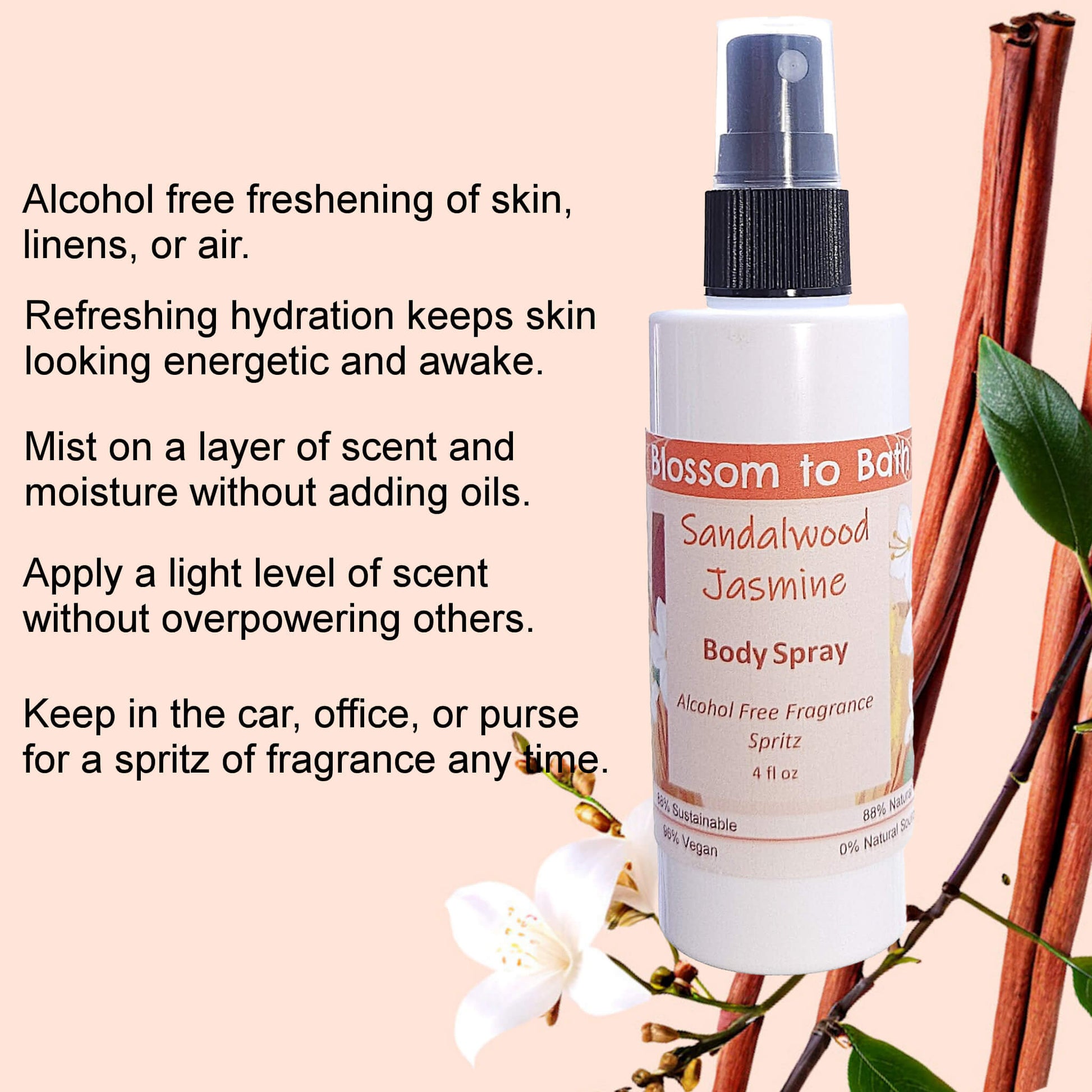 Sandalwood Jasmine Body Spray (4 Ounce) Natural Fragrance