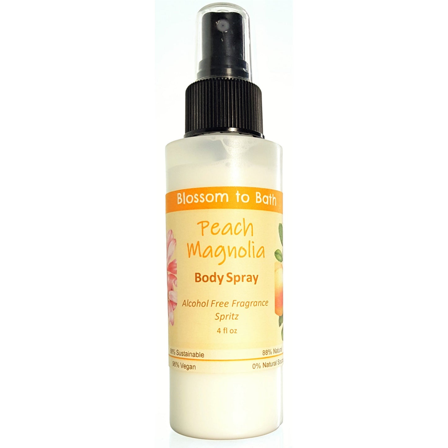Buy Blossom to Bath Peach Magnolia Body Spray from Flowersong Soap Studio.  Natural  freshening of skin, linens, or air  An intoxicating blend of peach, magnolia, and raspberry.