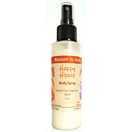 Buy Blossom to Bath Happy Hippie Body Spray from Flowersong Soap Studio.  Natural luxurious freshening of skin, linens, or air  A refreshing herbal fragrance that elevates your mood and your perspective.