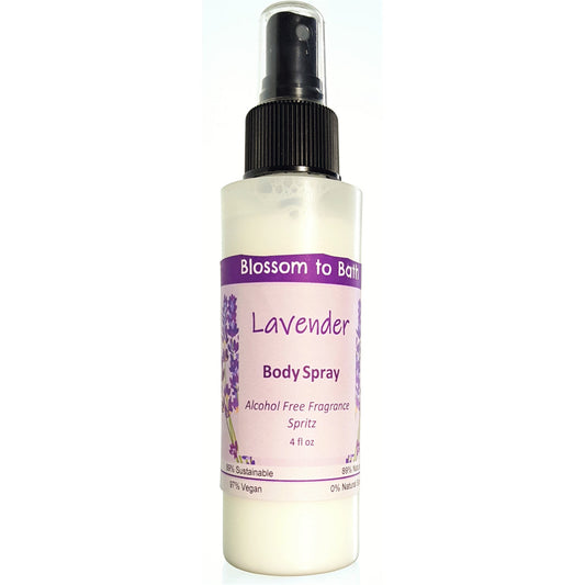Buy Blossom to Bath Lavender Body Spray from Flowersong Soap Studio.  Natural luxurious freshening of skin, linens, or air  Classic lavender scent that is relaxing and comforting.