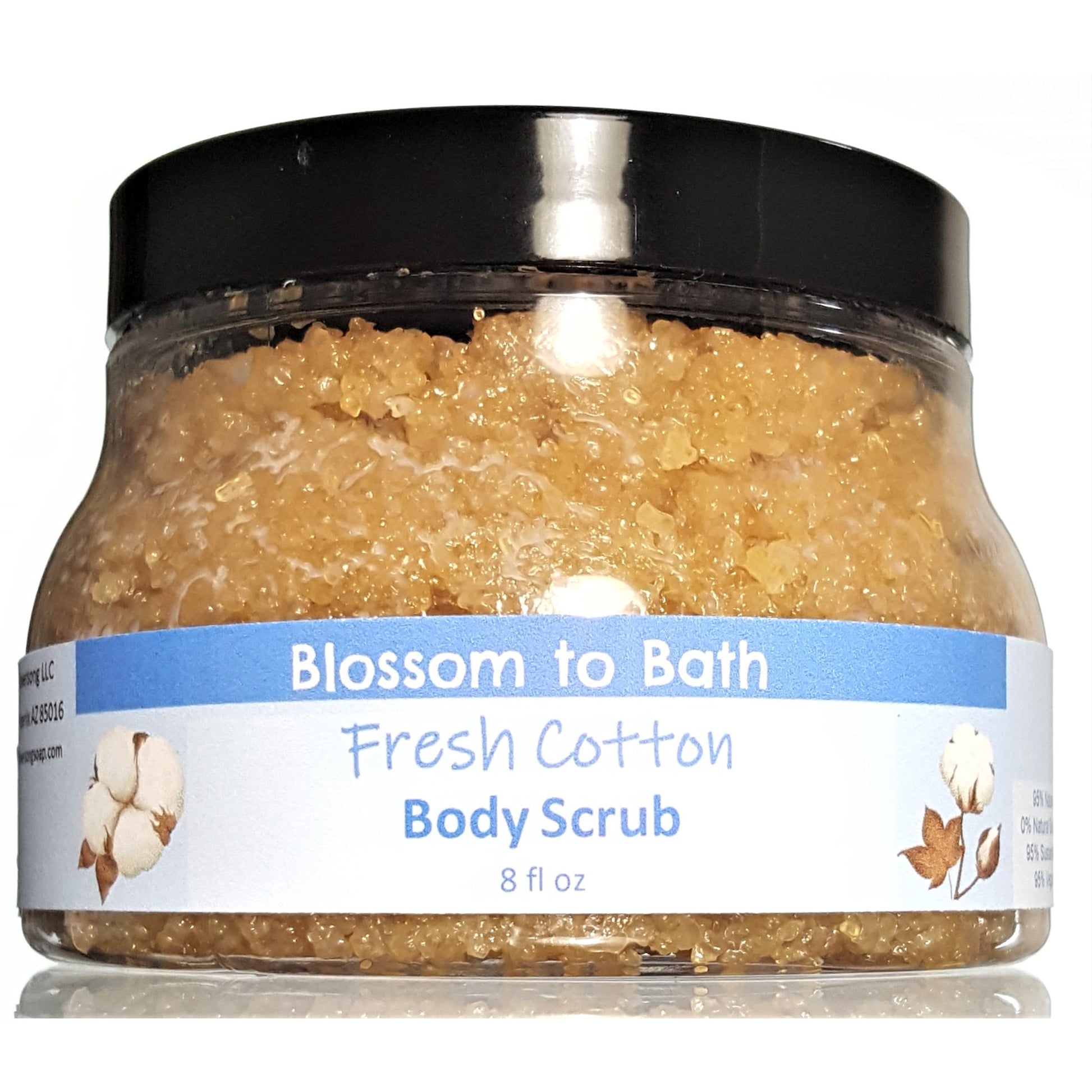 Buy Blossom to Bath Fresh Cotton Body Scrub from Flowersong Soap Studio.  Large crystal turbinado sugar plus  rich oils conveniently exfoliate and moisturize in one step  Smells like clean sheets drying in a breeze of spring blossoms.