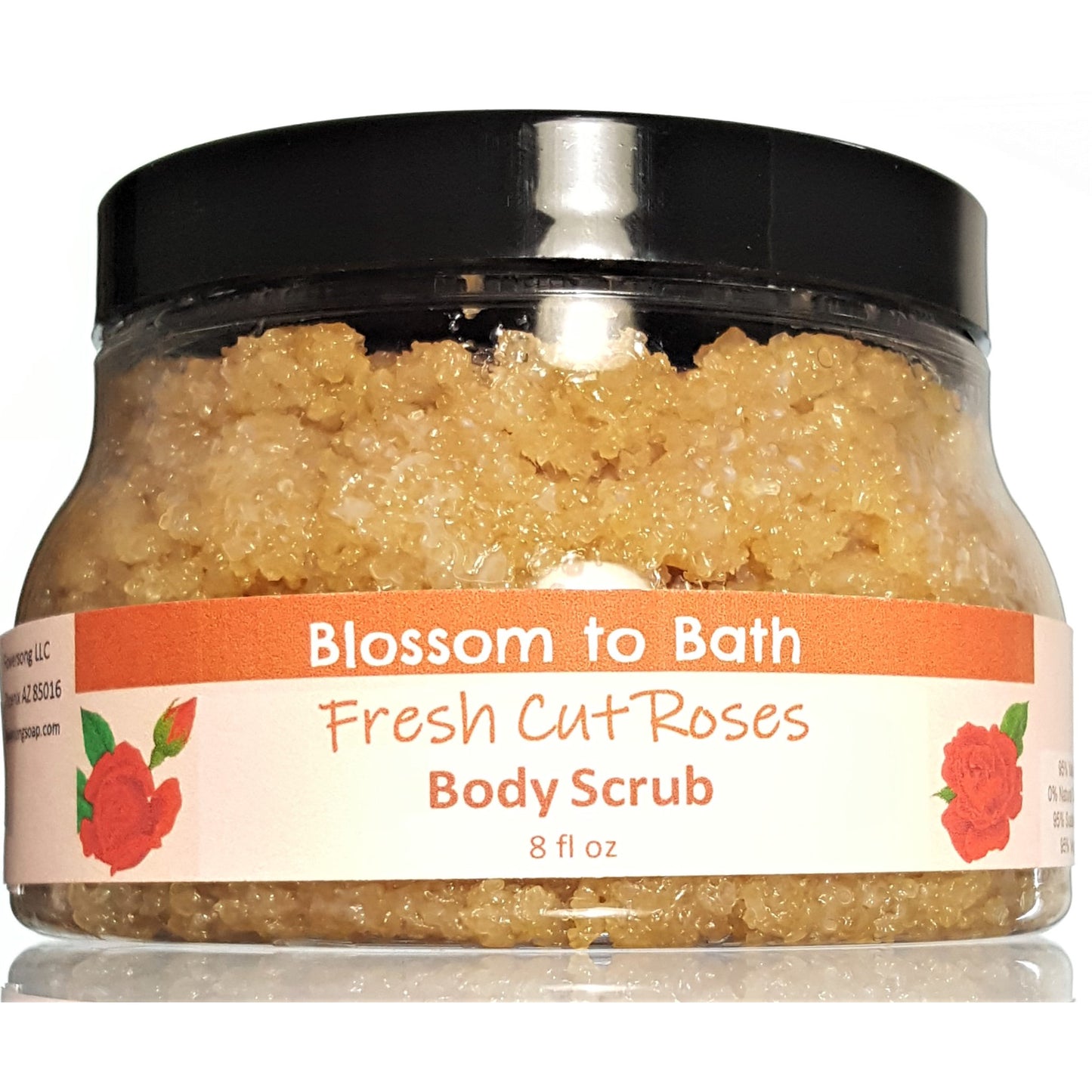 Buy Blossom to Bath Fresh Cut Roses Body Scrub from Flowersong Soap Studio.  Large crystal turbinado sugar plus  rich oils conveniently exfoliate and moisturize in one step  A true rose fragrance, the scent captures the splendor of a newly blossomed rose.