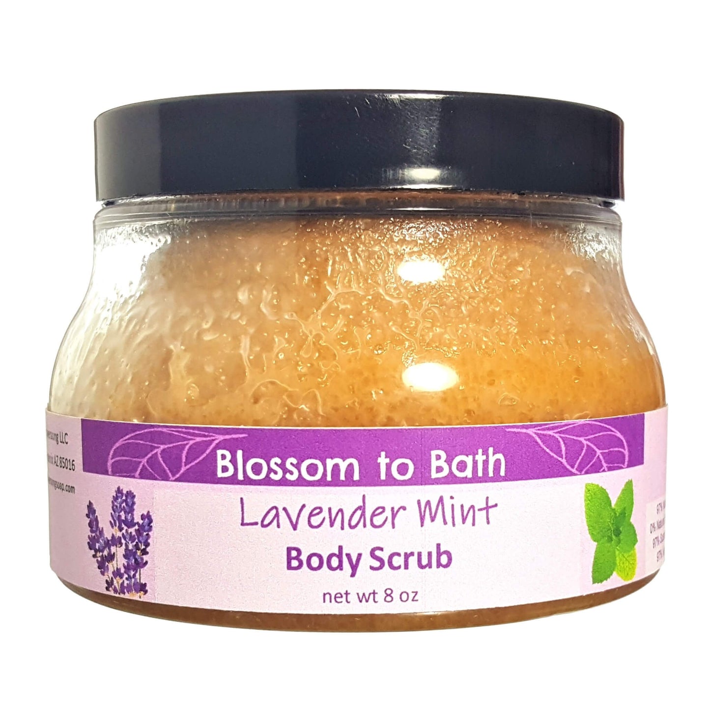 Buy Blossom to Bath Lavender Mint Body Scrub from Flowersong Soap Studio.  Large crystal turbinado sugar plus luxury rich oils conveniently exfoliate and moisturize in one step  A cheerfully relaxing combination of lavender and peppermint.