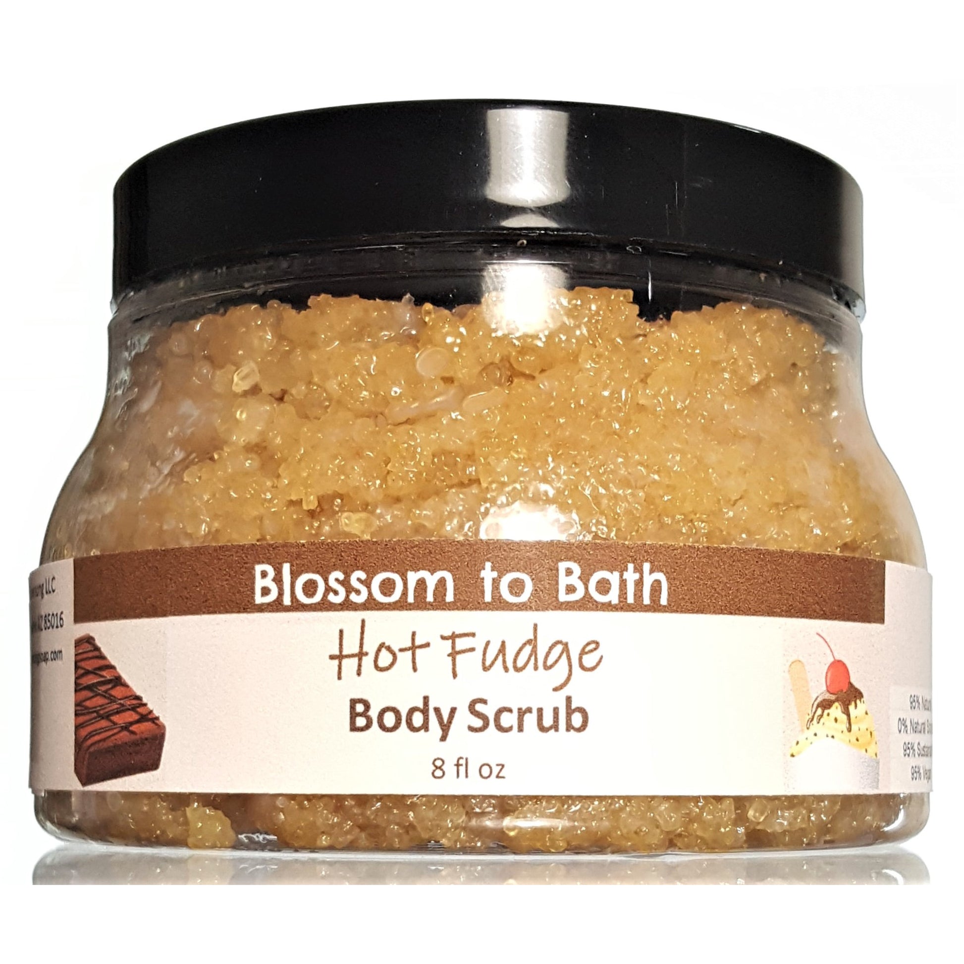 Buy Blossom to Bath Hot Fudge Body Scrub from Flowersong Soap Studio.  Large crystal turbinado sugar plus  rich oils conveniently exfoliate and moisturize in one step  The fragrance is three layers deep in rich chocolate.