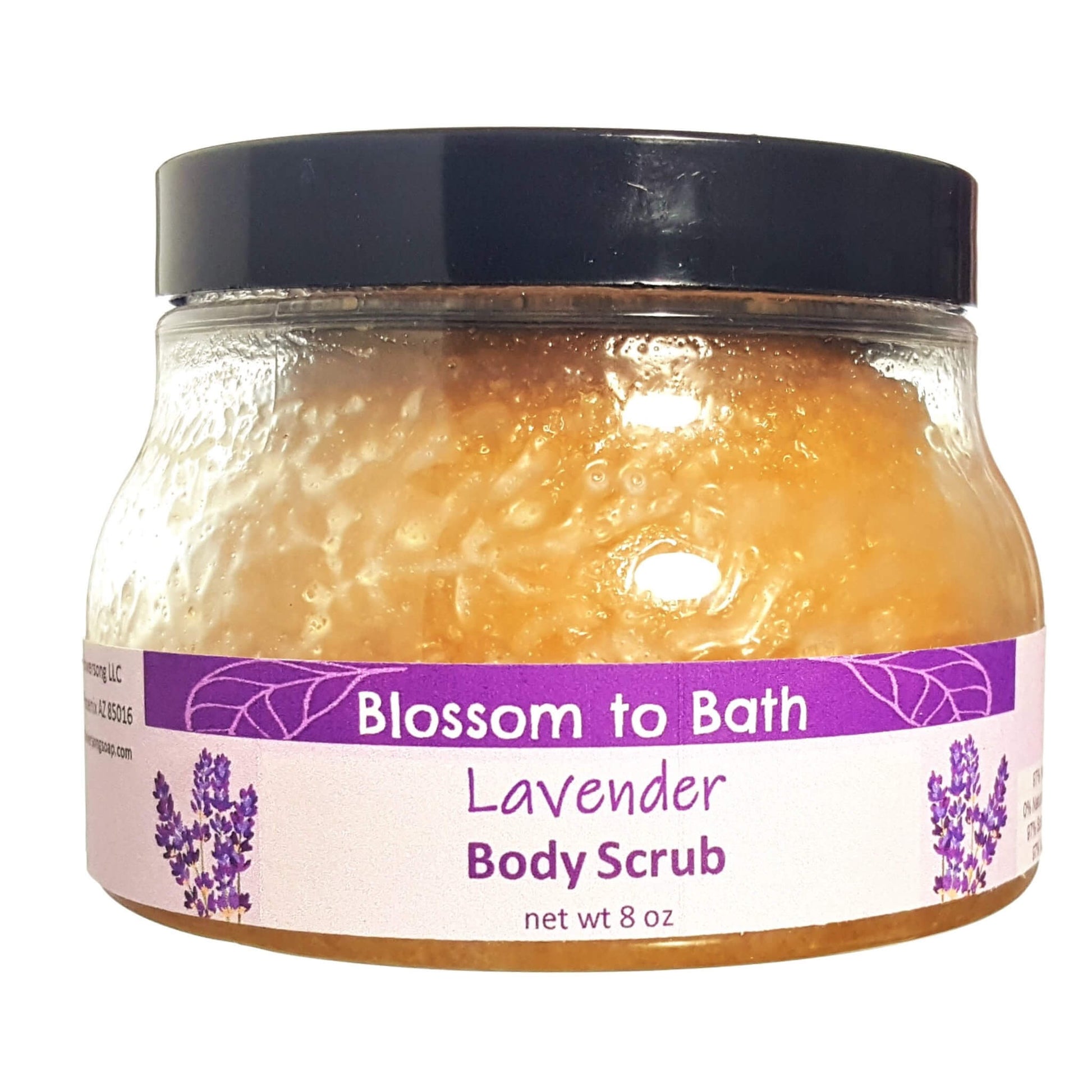 Buy Blossom to Bath Lavender Body Scrub from Flowersong Soap Studio.  Large crystal turbinado sugar plus luxury rich oils conveniently exfoliate and moisturize in one step  Classic lavender scent that is relaxing and comforting.
