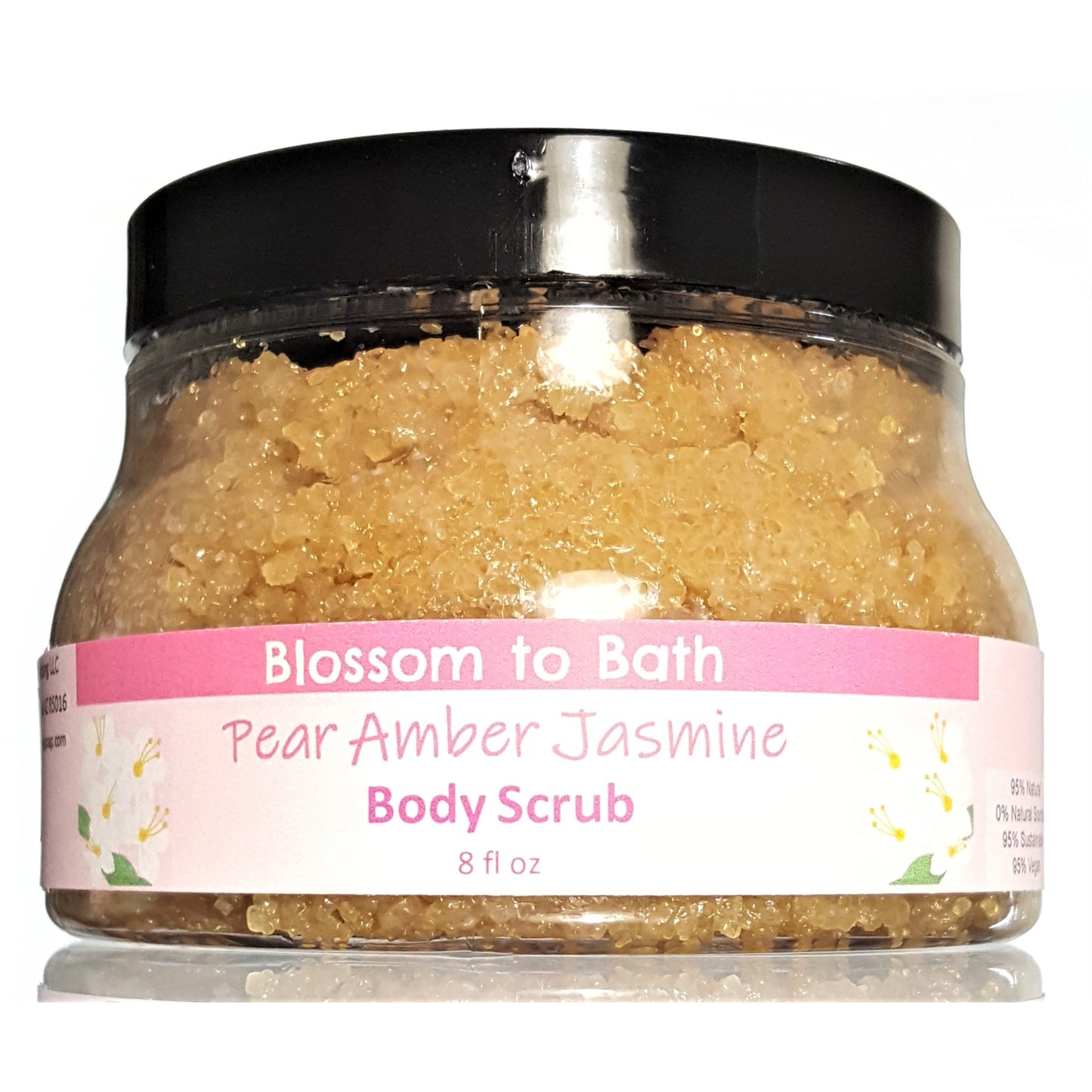 Buy Blossom to Bath Pear Amber Jasmine Body Scrub from Flowersong Soap Studio.  Large crystal turbinado sugar plus  rich oils conveniently exfoliate and moisturize in one step  A scent that lets you escape to an island paradise of pear, jasmine, and warm spices.