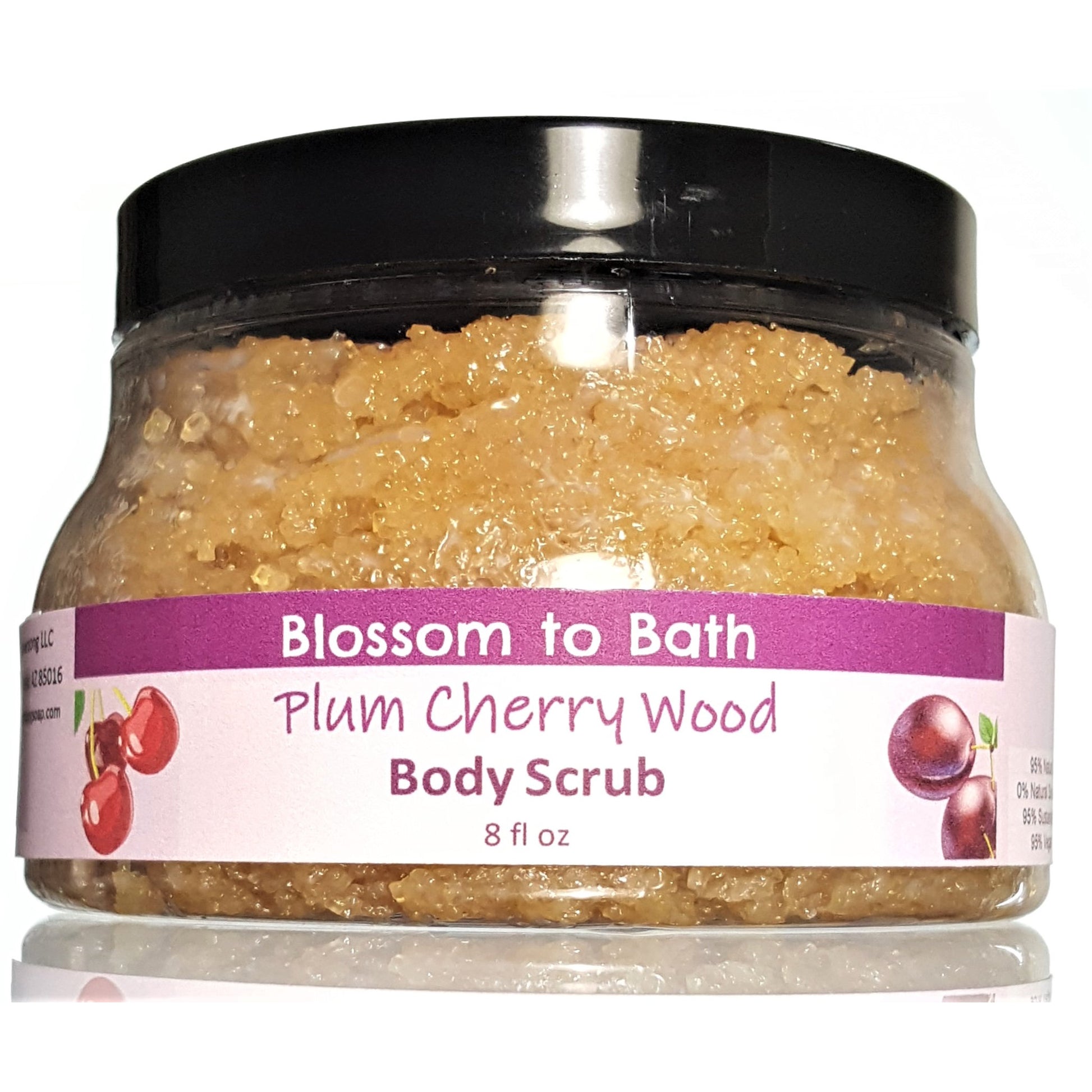 Buy Blossom to Bath Plum Cherry Wood Body Scrub from Flowersong Soap Studio.  Large crystal turbinado sugar plus  rich oils conveniently exfoliate and moisturize in one step  A charmingly sweet and woodsy fragrance.