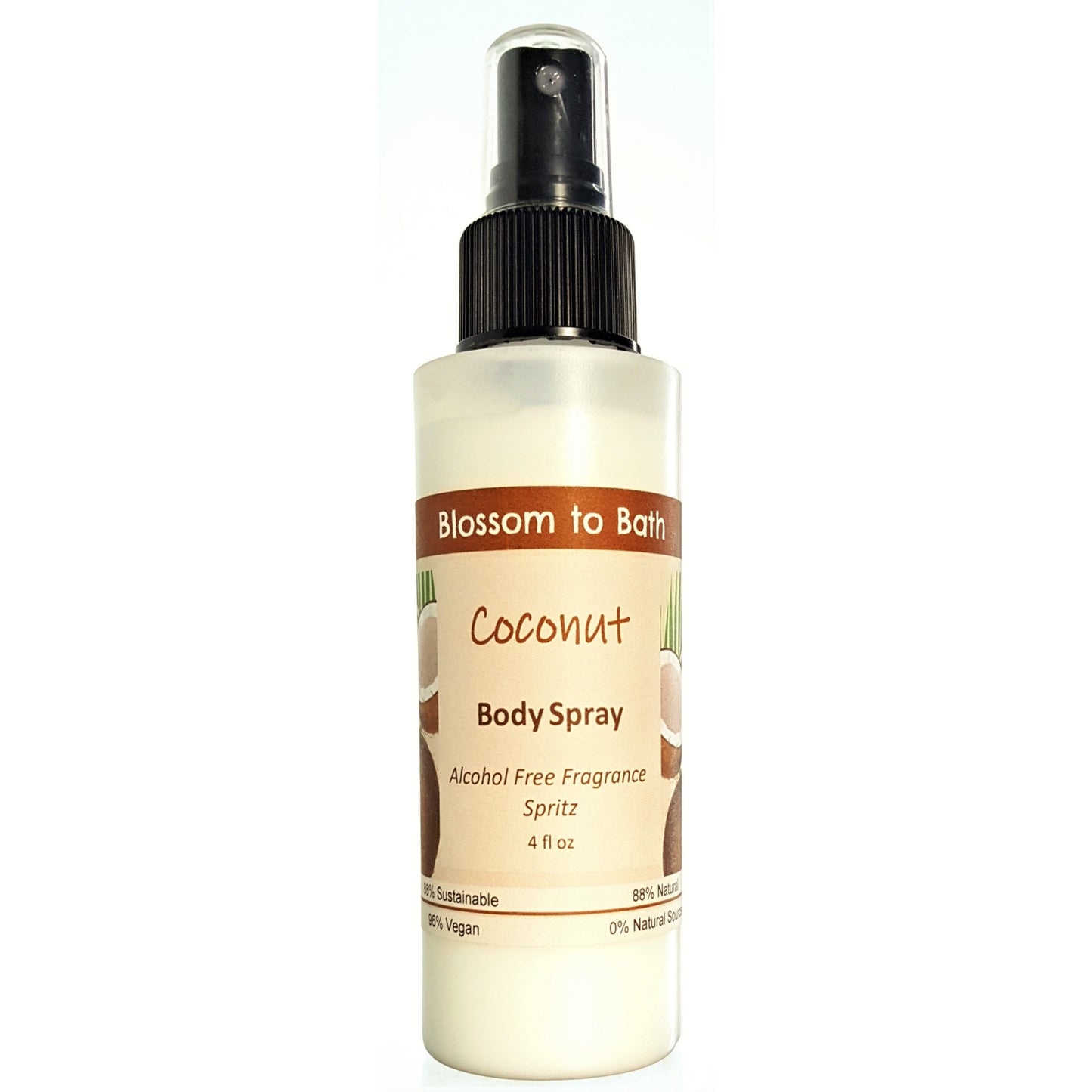 Buy Blossom to Bath Coconut Body Spray from Flowersong Soap Studio.  Natural  freshening of skin, linens, or air  Bold coconut swirled with tropical fruit.
