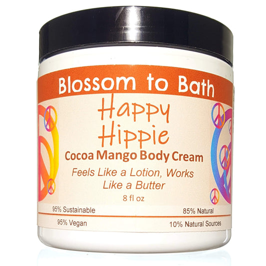 Buy Blossom to Bath Happy Hippie Cocoa Mango Body Cream from Flowersong Soap Studio.  Rich organic butters luxury soften and moisturize even the roughest skin all day  A refreshing herbal fragrance that elevates your mood and your perspective.