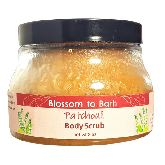 Buy Blossom to Bath Patchouli Body Scrub from Flowersong Soap Studio.  Large crystal turbinado sugar plus luxury rich oils conveniently exfoliate and moisturize in one step  The pure earthy, woody, spicy scent of straight Patchouli.