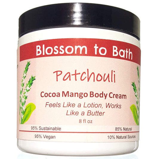 Buy Blossom to Bath Patchouli Cocoa Mango Body Cream from Flowersong Soap Studio.  Rich organic butters luxury soften and moisturize even the roughest skin all day  The pure earthy, woody, spicy scent of straight Patchouli.