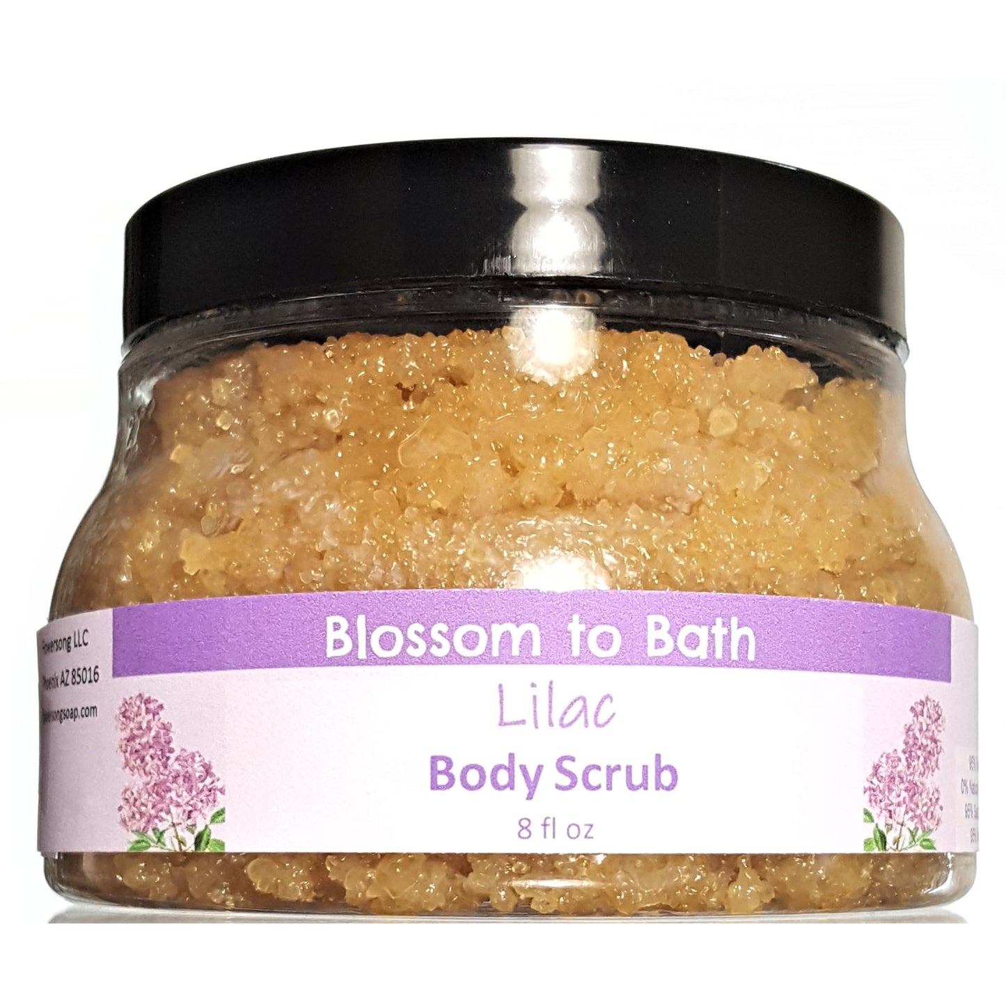 Buy Blossom to Bath Lilac Body Scrub from Flowersong Soap Studio.  Large crystal turbinado sugar plus  rich oils conveniently exfoliate and moisturize in one step  The scent of a freshly blooming lilac bush, the embodiment of spring flowers.