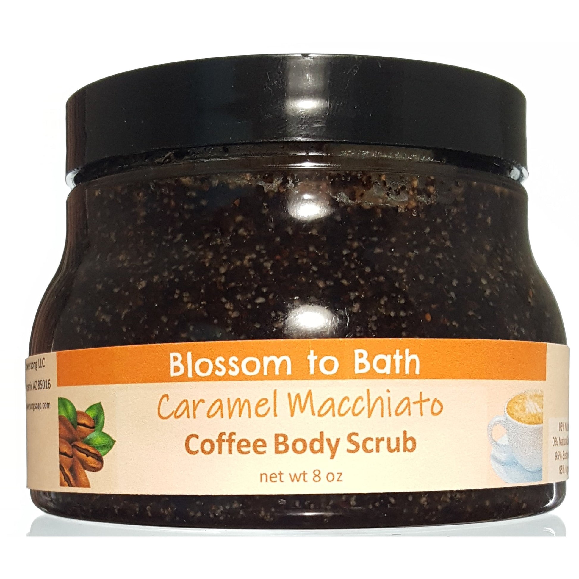 Buy Blossom to Bath Caramel Macchiato Coffee Body Scrub from Flowersong Soap Studio.  Polish skin to a refreshed natural glow while enjoying your favorite mouth-watering gourmet coffee aroma  Luscious vanilla and warm rich caramel - a gourmet coffee experience with sweet caramel in a bed of vibrant coffee;