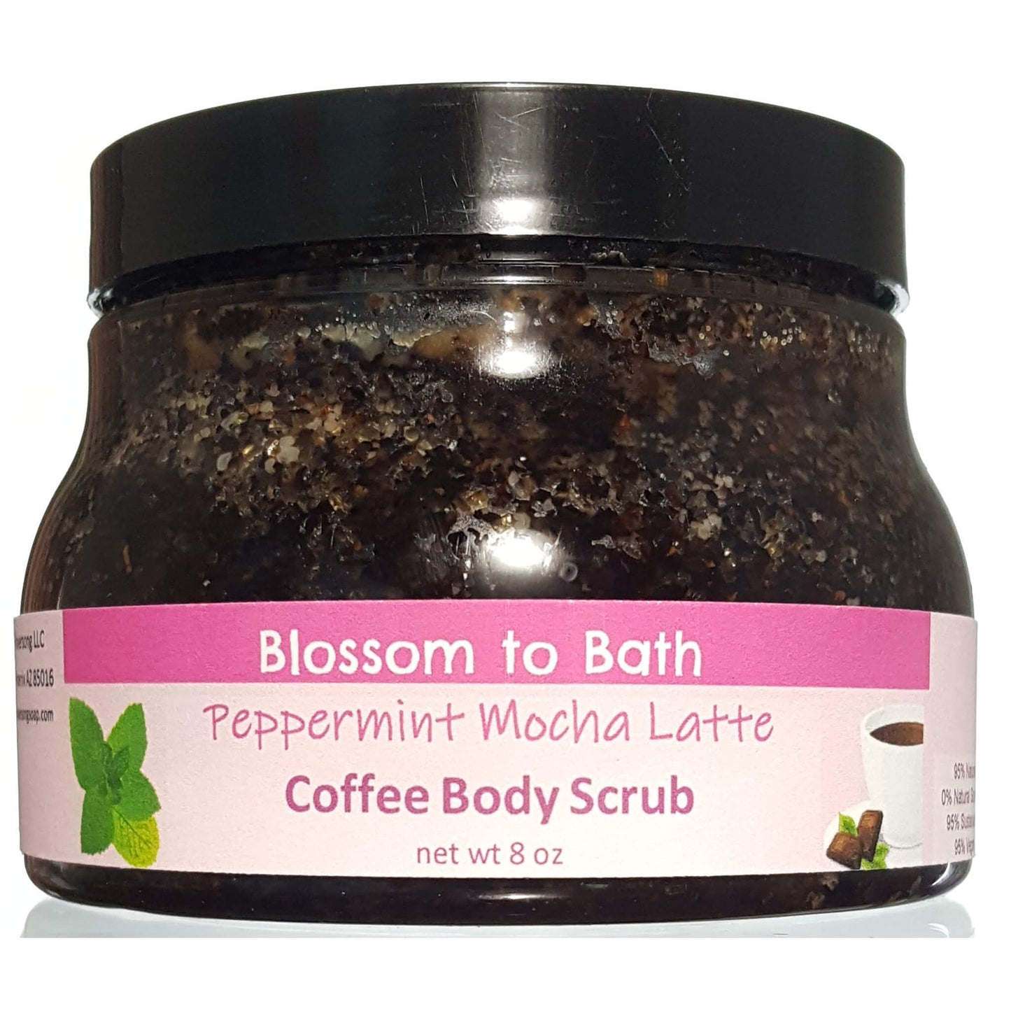 Buy Blossom to Bath Peppermint Mocha Latte Coffee Body Scrub from Flowersong Soap Studio.  Polish skin to a refreshed natural glow while enjoying your favorite mouth-watering gourmet coffee aroma  A confectionary blend of fresh mint, rich fudge, and coffee.