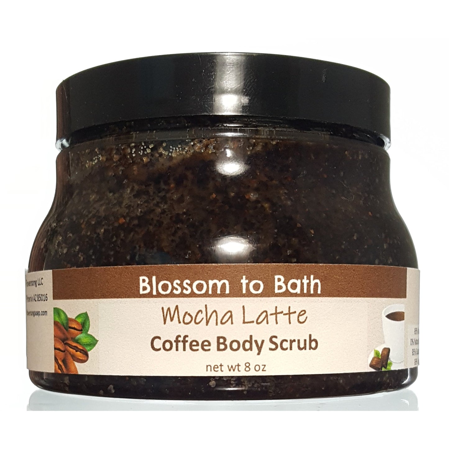 Buy Blossom to Bath Mocha Latte Coffee Body Scrub from Flowersong Soap Studio.  Polish skin to a refreshed natural glow while enjoying your favorite mouth-watering gourmet coffee aroma  Deep rich chocolate and fragrant coffee combine to form this gourmet coffee smell-alike scent.