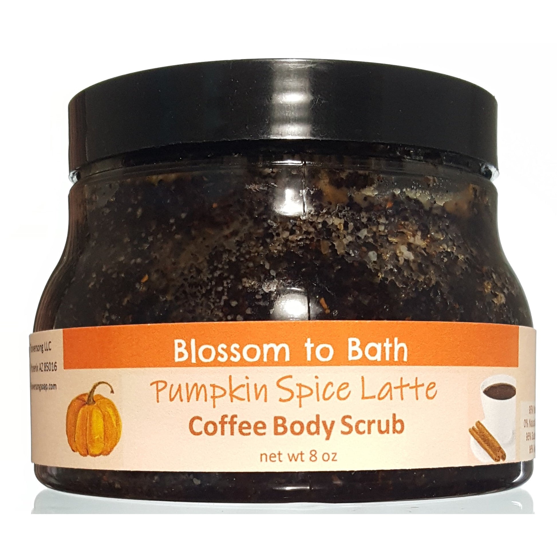 Buy Blossom to Bath Pumpkin Spice Latte Coffee Body Scrub from Flowersong Soap Studio.  Polish skin to a refreshed natural glow while enjoying your favorite mouth-watering gourmet coffee aroma  Deep vanilla and lightly fruited spice blend seamlessly with rich coffee.