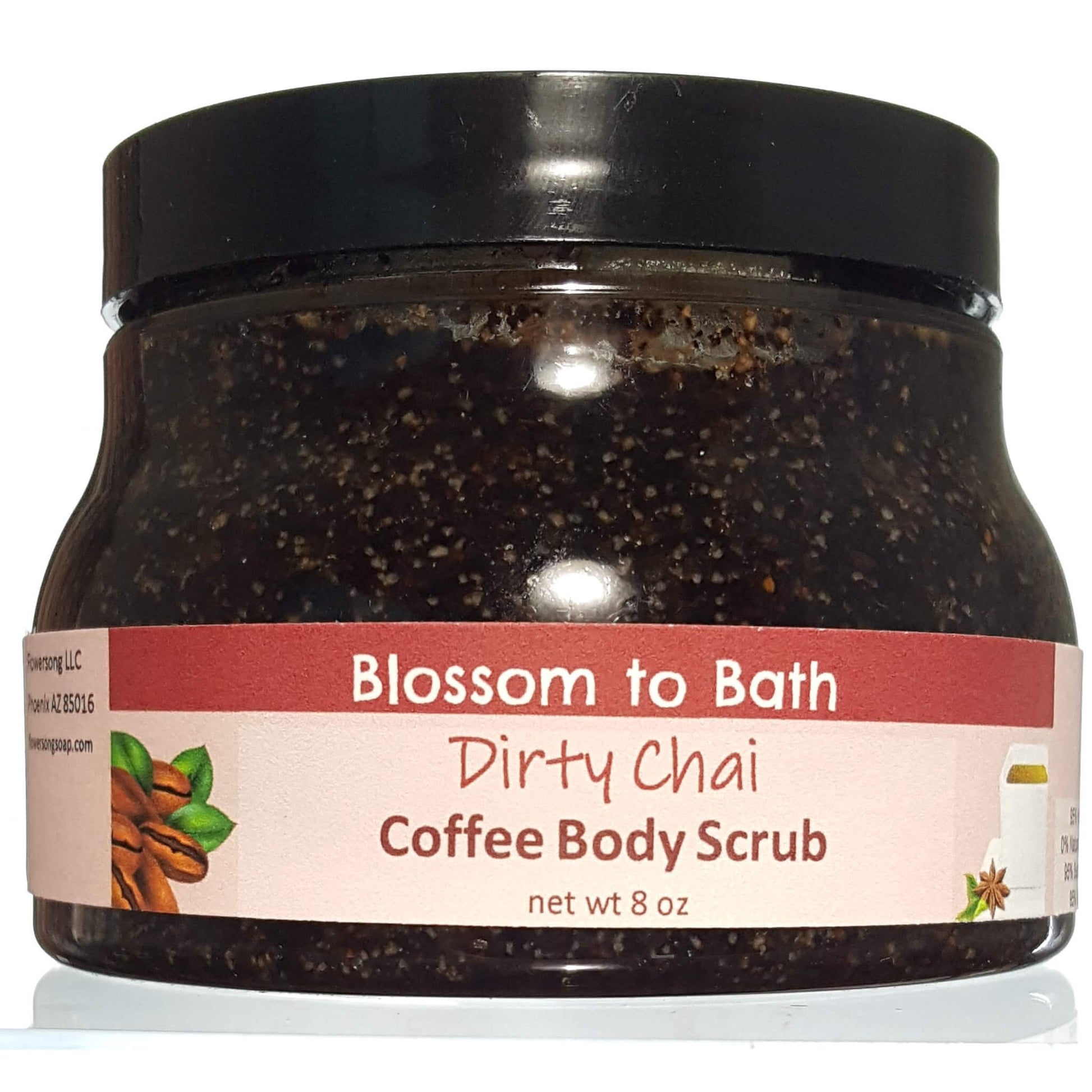 Buy Blossom to Bath Dirty Chai Coffee Body Scrub from Flowersong Soap Studio.  Polish skin to a refreshed natural glow while enjoying your favorite mouth-watering gourmet coffee aroma  A shot of rich espresso in a swirl of exotic warm clove and cardamom.