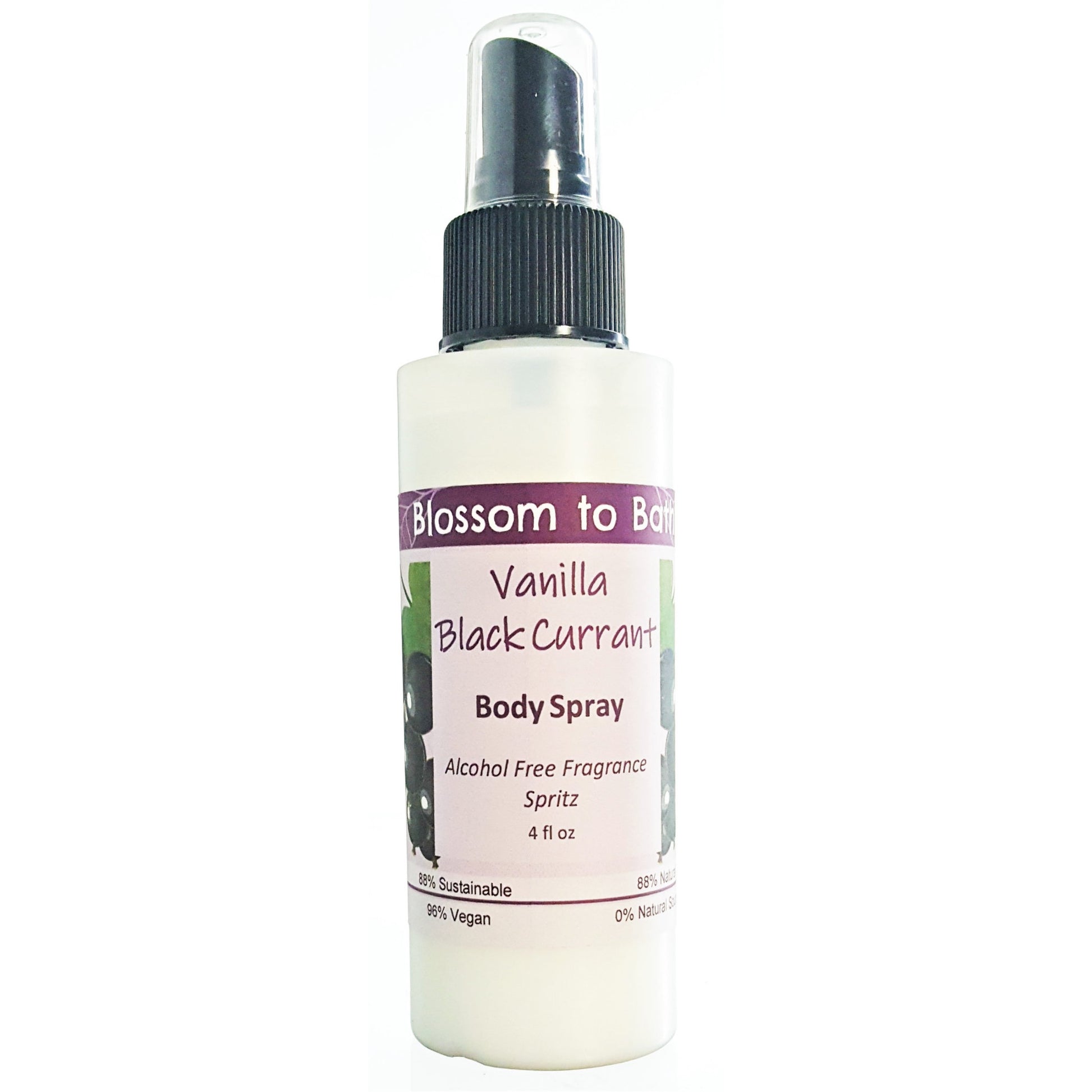 Buy Blossom to Bath Vanilla Black Currant Body Spray from Flowersong Soap Studio.  Natural luxury freshening of skin, linens, or air  A sensuous rich berry scent with a hint of vanilla and a twist of freshness.